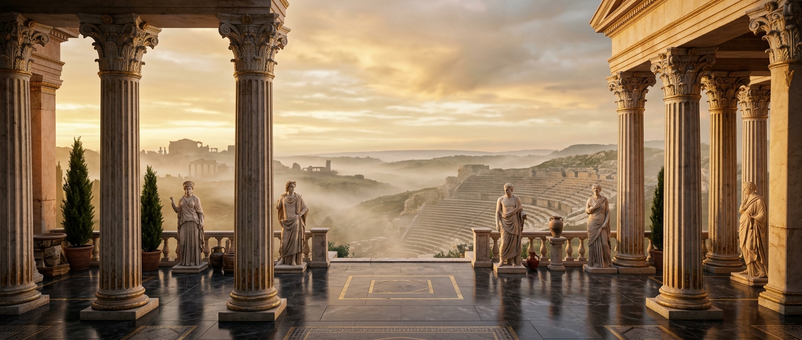 Misty Greek terrace at dusk
