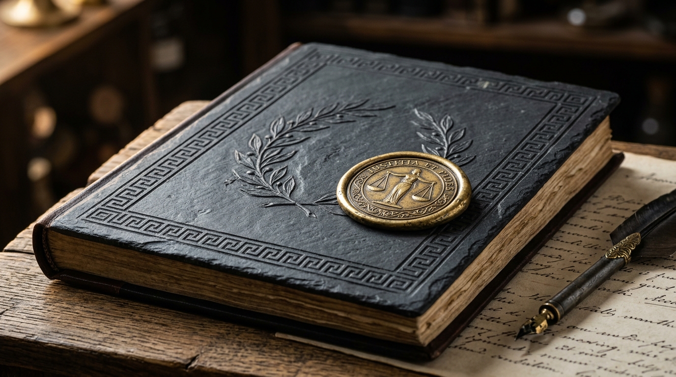 Luxury dark stone ledger with scales of justice brass seal